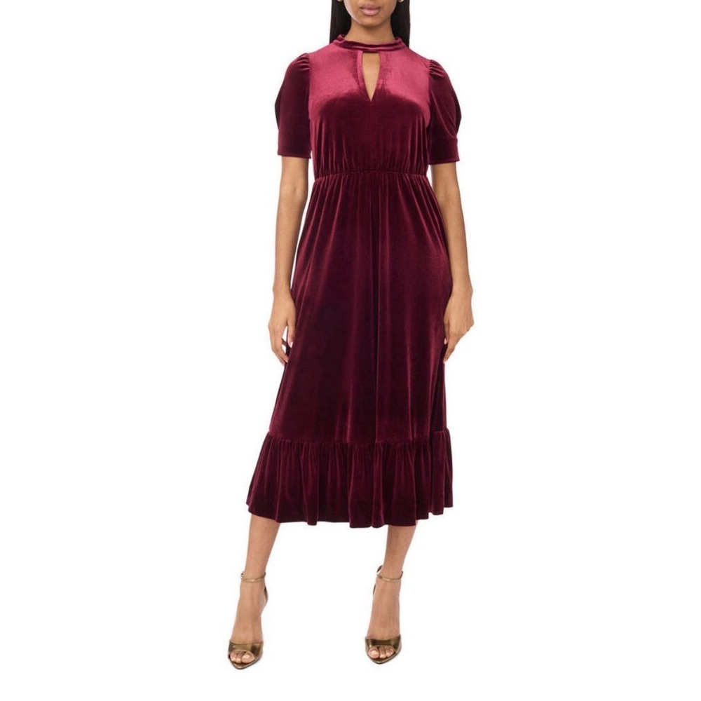 Halogen 1X Burgundy Velvet Midi Dress Keyhole Puff Sleeve Ruffle Hem NWT
